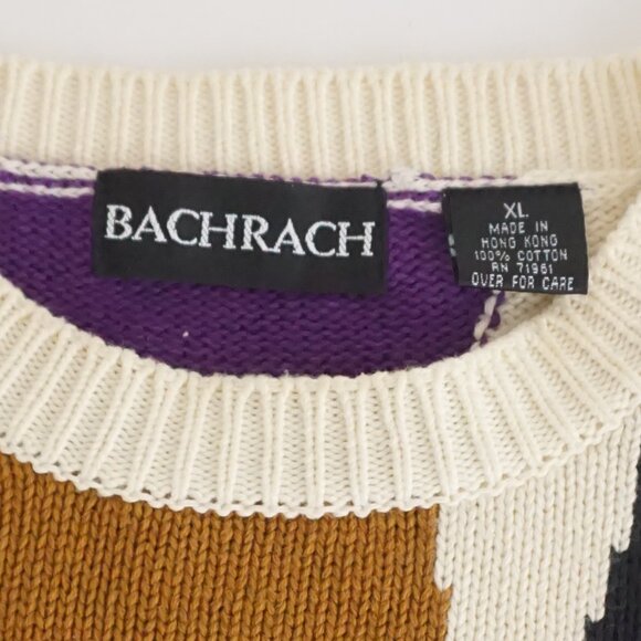 VTG Bachrach Colorblock Cotton Sweater Retro Eclectic Grandpa Statement Knit XL - Picture 9 of 9